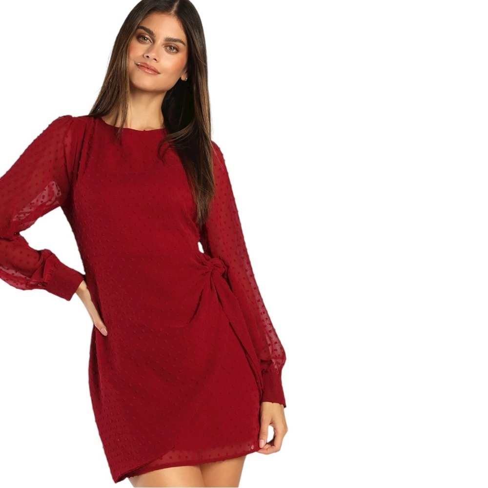✨ Lulus Burgundy Textured Long Sleeve Mini Dress | XS